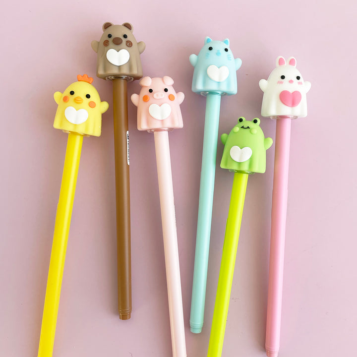 Six pastel colored gel pens with cute ghost-animal shaped caps.