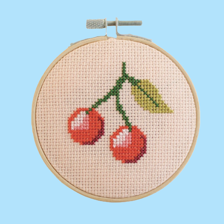 A finish cross stitch project featuring a sprig of twin cherries.  The project is displayed in an embroidery hoop on a light blue background.