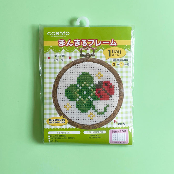 Packaged cross stitch kit featuring a four leaf clover and ladybug.