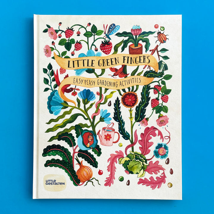 Little Green Fingers book displayed on a bright blue background. Book cover features a watercolor painting of flowers, bugs and gardening tools in bright colors.