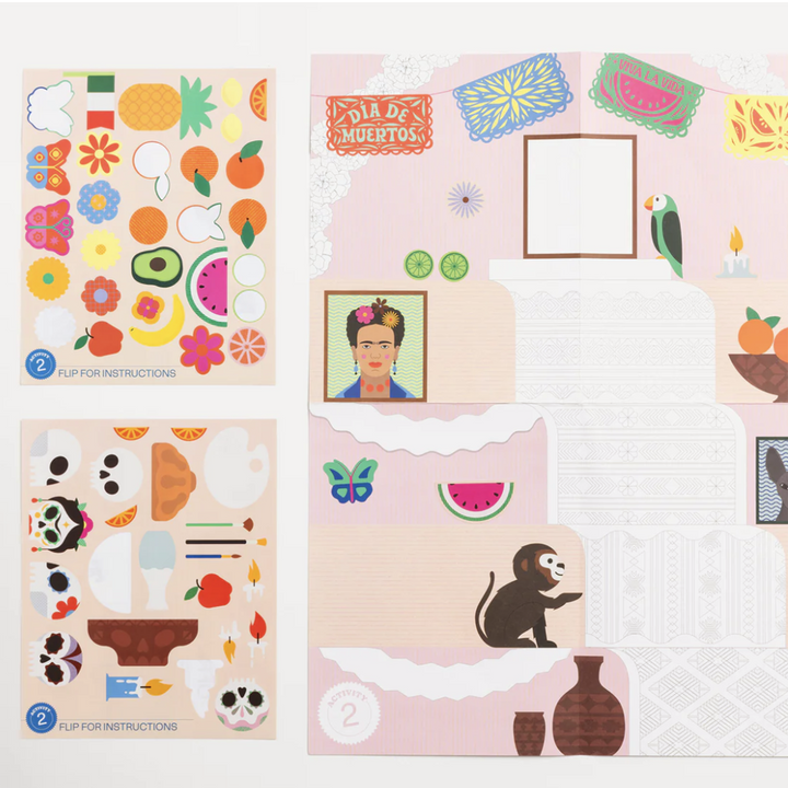 DIY sticker activity craft laid out with images of Frida Kahlo, Calavera Masks, Papel Picado and fresh fruits.