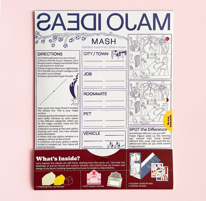 The back cover of Majo Ideas Volume 11 - Home Activity Kit on a light pink background.