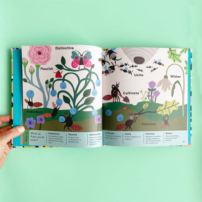the book "365 words for clever kids" opened to a page that features illustrated cute bugs in a garden with relevant vocabulary terms like "flourish" and "cultivate"