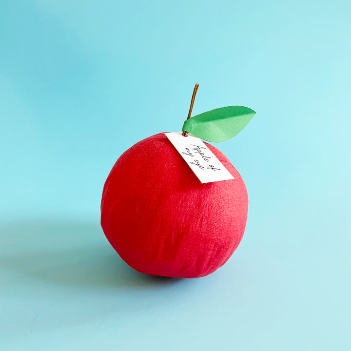 A red apple-shaped surprise ball with a wire stem, green paper leaf and a tag reading "Apple of my eye" in a handwriting script.