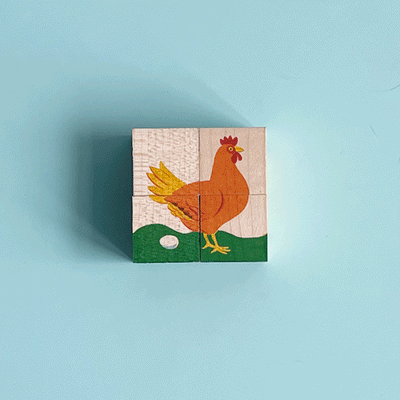 A slideshow showing the different animals depicted by the 4-piece mini cube puzzle. 4 small light-colored wooden cubes sit together in a square to create the images of either a hen, a rabbit, a crow, a pig, an owl, or a goose.