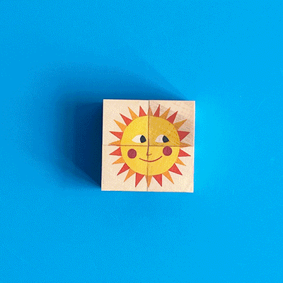 A slideshow showing the different images depicted by the 4-piece nature mini cube puzzle. 4 small light-colored wooden cubes sit together in a square to create the images of either a tree, a smiling sun, a red apple, a rainbow, a rain cloud, or a smiling crescent moon.