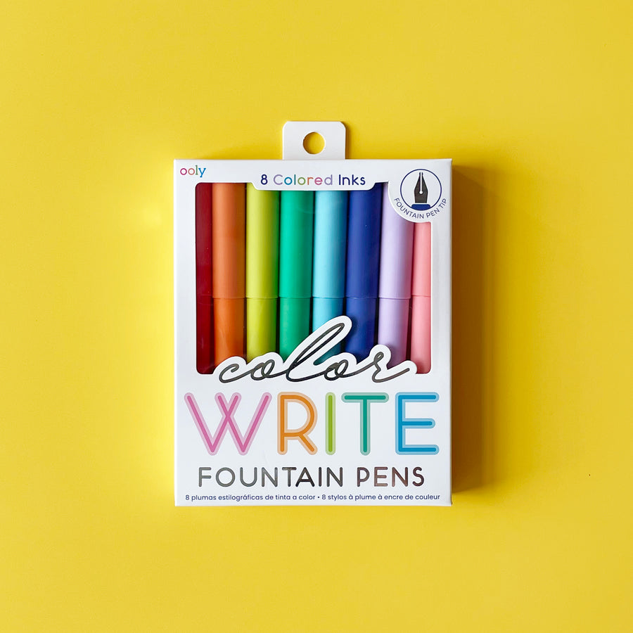 Package of Color Write Fountain Pens by Ooly on a bright yellow background.