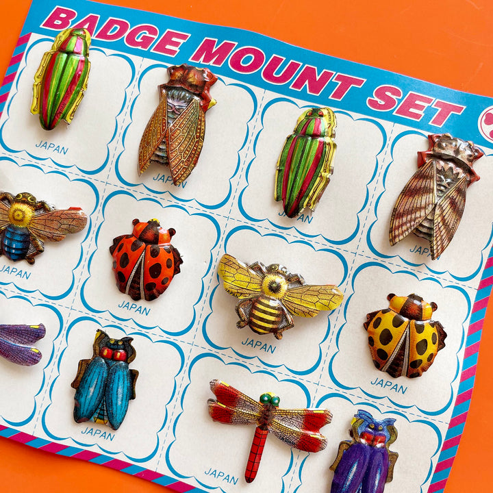 Twelve ten bug shaped broaches  on a perforated paper card.