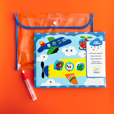 Colorful, illustrated water surprise kit on a bright orange background. 