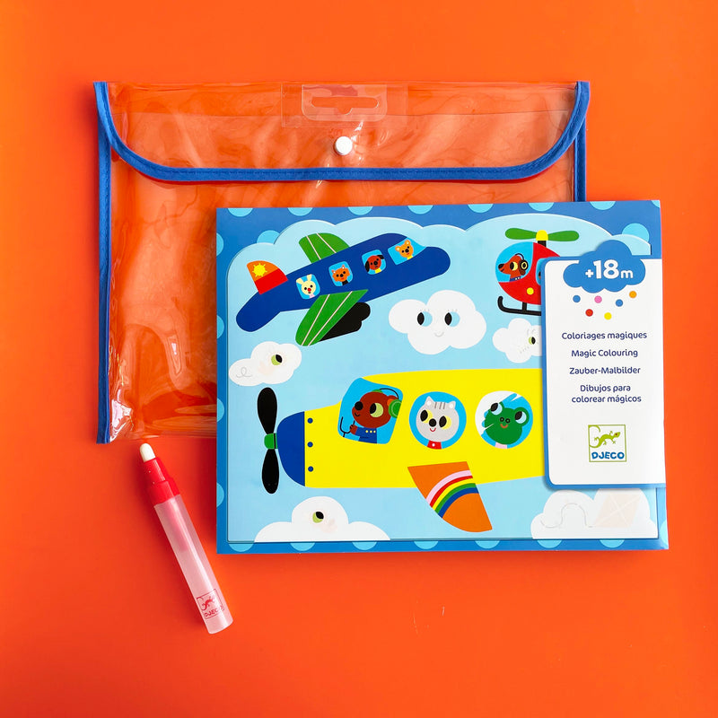 Colorful, illustrated water surprise kit on a bright orange background. 