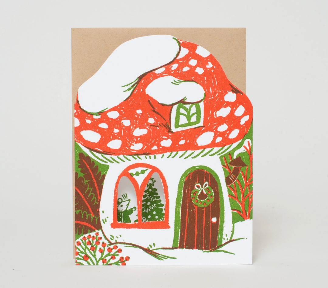 Merry Mushroom House Letterpress Holiday Card