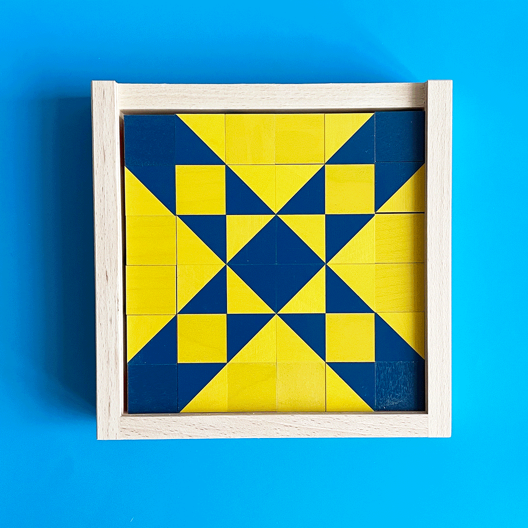 GIF of primary colored wooden block puzzle going through various designs on a bright blue background