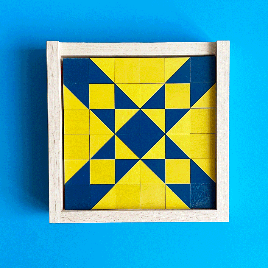 GIF of primary colored wooden block puzzle going through various designs on a bright blue background