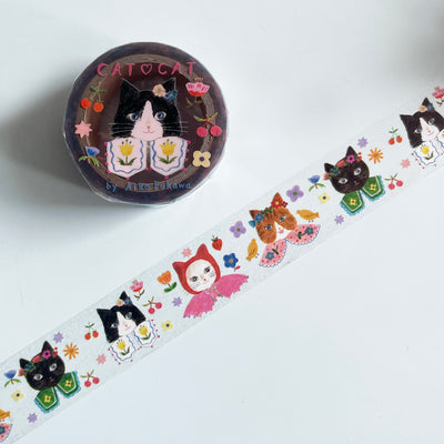 The "Cat Cat" washi tape is translucent with illustrated busts of various anthropomorphic cats wearing various cute collars and headwear.