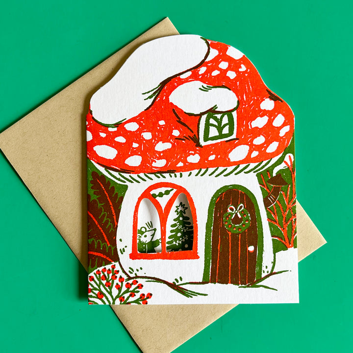 Merry Mushroom House Letterpress Holiday Card