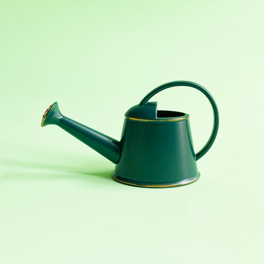 A miniature, green metal watering can in profile against a light green background. 