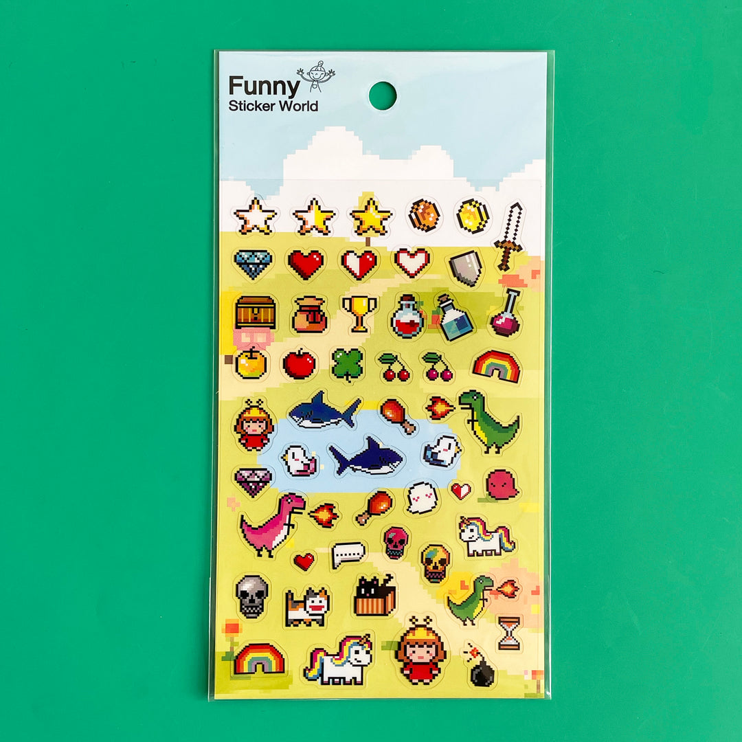 A sheet of pixelated stickers on a green background. 
