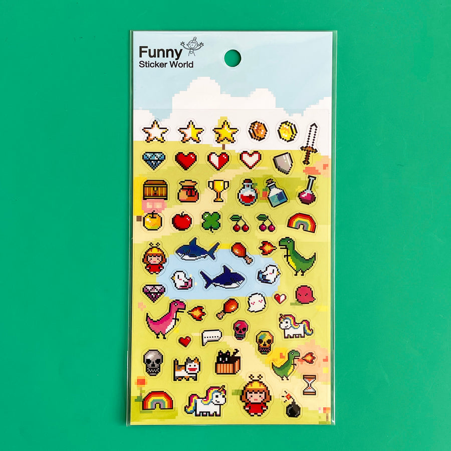 A sheet of pixelated stickers on a green background. 