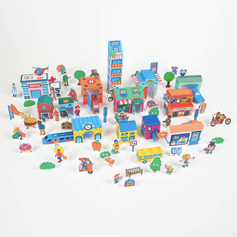 A top-down view of the colorful cartoon 3d paper city.