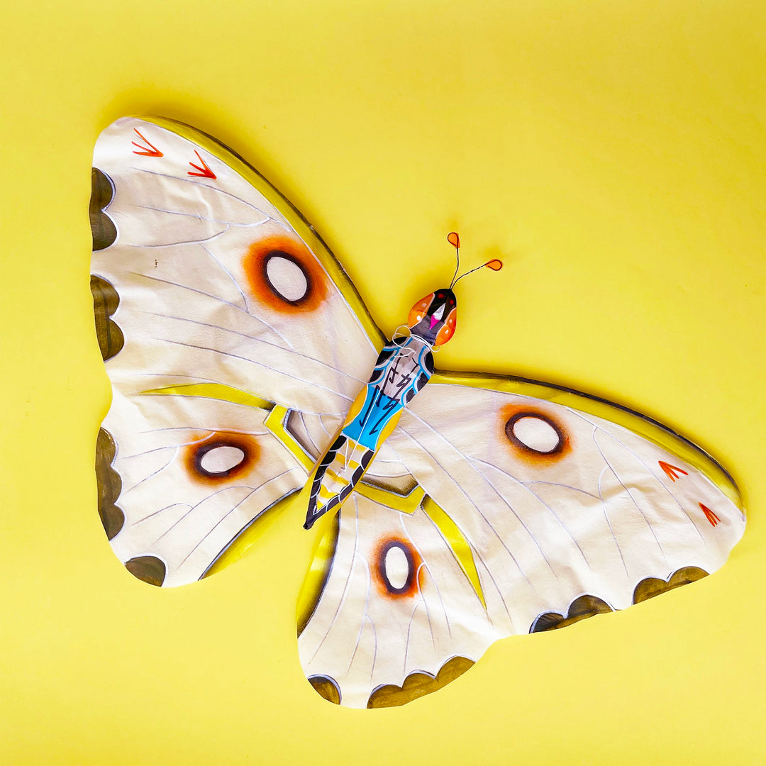 Hand painted butterfly kite on a yellow background