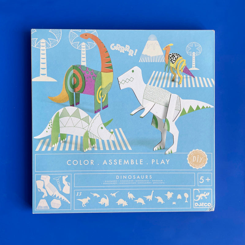 Light blue booklet with illustrated dinosaurs  on a bright blue background. 