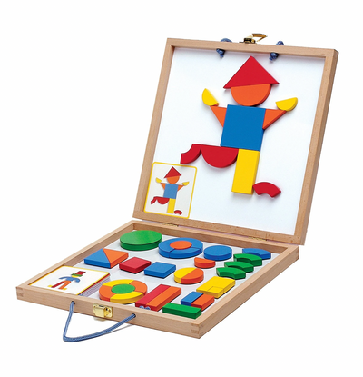 A colorful box of wooden shapes. 