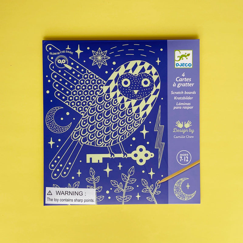 Scratch board kit with an illustration of an owl on the front. 